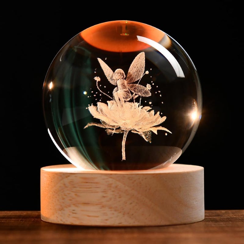 ZRENJHUS Flower Fairy Crystal Ball Fairy with Flower Glass Decor 3D Engraving Decorative Ball Light Gifts for Girls Women Fairy Lovers Wedding Gift with Light Base - Image 1